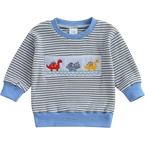 Thorn Tree Toddler Baby Boy Sweatshirt Car/Dinosaur Embroidered Sweater Strip Knit Pullover Fall Winter Outfit Clothes