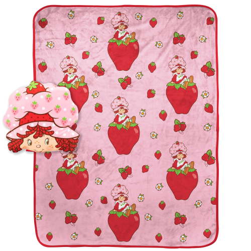 Strawberry Shortcake Strawberries Galore Pink Nogginz Pillow & 40x50 inch Travel Throw Set, 100% Microfiber