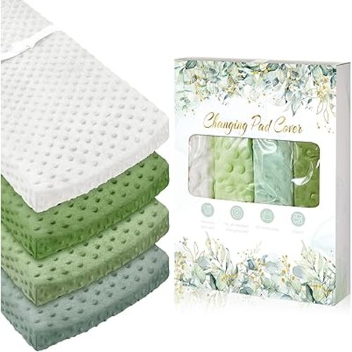 Peryiter 4 Pcs Changing Pad Cover 16 x 32 Inch Ultra Soft Dots Plush Changing Table Covers for Baby Girls and Boys(Green Series Colors,Leaf)