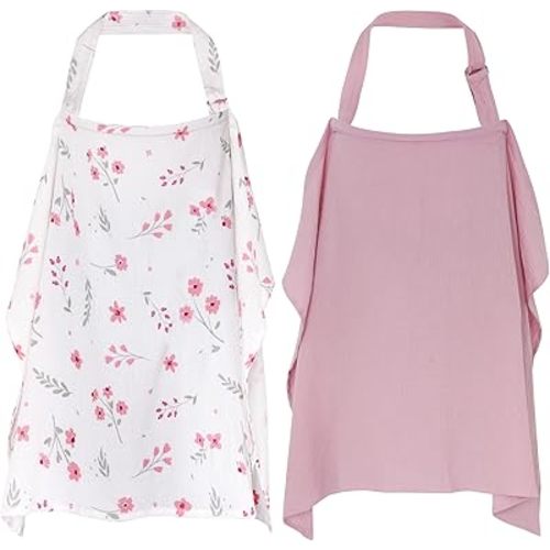 2 Pack Muslin Nursing Cover for Breastfeeding, 100% Cotton Soft Privacy Nursing Covers Apron Breastfeeding Cover with Arch Neckline for Women New Mom, Multi-use Breastfeeding Essentials
