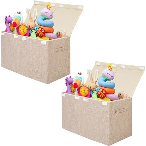 popoly 2 Pack Large Toy Box Chest Storage with Flip-Top Lid, Collapsible Kids Storage Boxes Container Bins for Toys, Playroom Organizers, 25"x13" x16"(Linen Beige)