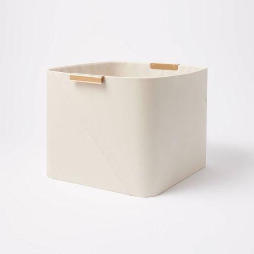 Faux Leather Large Crate with Metal Handles Ivory - Threshold™: Decorative Rectangle Basket, 14.25"x13"x11"