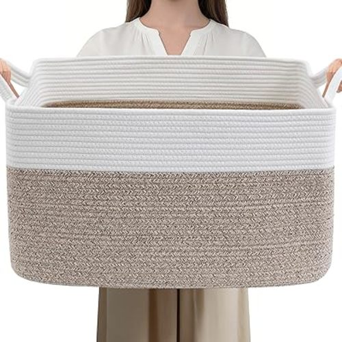 Large Blanket Basket,Woven Rope Basket Storage Bin with Handles,65L Rectangle Laundry Basket for Magazines,Toys,Clothes,Newspaper Shelf Organization,Nursery and Living Room,White & Brown