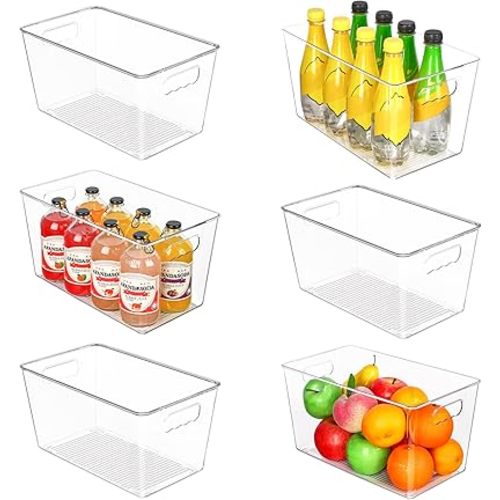 Vtopmart 6 PCS Clear Plastic Storage Bins, Pantry Organizer Containers with Handle for Refrigerator, Fridge, Cabinet, Kitchen, Countertops, Cupboard, Home Organization and Storage, XL