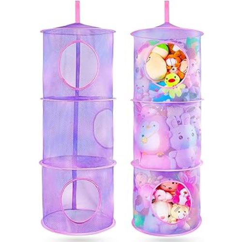 Basumee Stuffed Animals Net or Hammock 2 Pcs Stuffed Animals Storage Toy Net Hammock for Plushies Storage Organizer Mesh Kids Girls Room Decor, Purple, 3 Tiers
