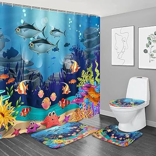 4PCS Cartoon Blue Ocean and Creature Shower Curtain Set with Non-Slip Rugs,Toilet Lid Cover and Bath Mat,Bathroom Decor Accessory Set