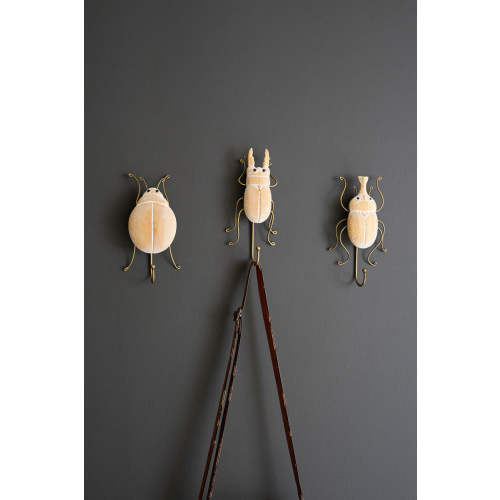 Set of 3 Carved Wood and Wire Beetle Wall Hooks