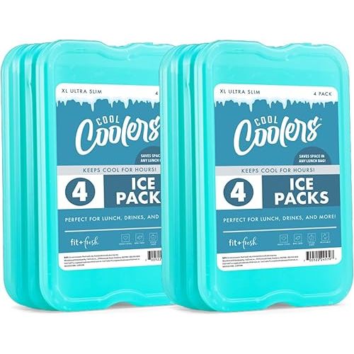 Cool Coolers by Fit + Fresh, Reusable & Long-Lasting XL Slim Ice Packs, Cold Packs for Lunch Boxes, Ice Packs for Lunch Bags. Cooler Accessories for Camping, Beach, Lunch, and Work, 8PK, Green