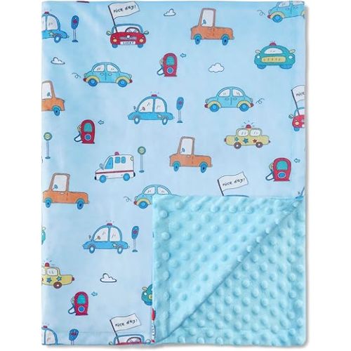 QSTEHEML Baby Blankets for Boys Neutral,Super Soft Nursery Minky Blanket Unisex, Baby Gifts Double Layer with Dotted Backing, Nursery Blankets for Crib Stroller(Blue Car30*40in)