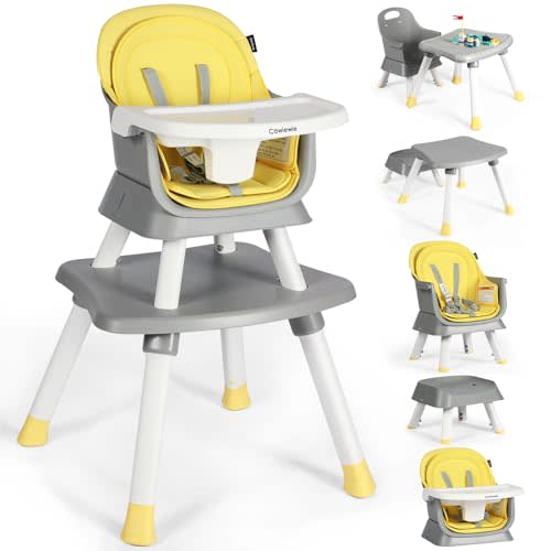 Cowiewie 8 in 1 Baby High Chair for Babies & Toddlers Table and Chair Set Building Block Table Highchair with Safety Harness, Removable Tray(Yellow)