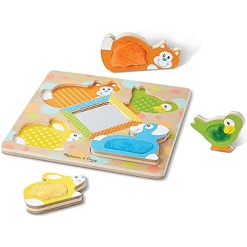 Melissa & Doug First Play Wooden Touch and Feel Puzzle Peek-a-Boo Pets With Mirror