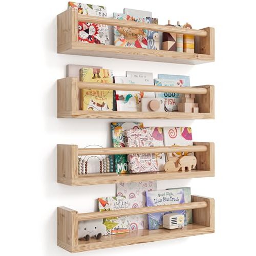 Seocry Nursery Wall Bookshelf Set of 4, Floating Bookshelves for Kids' Rooms, Toddler Bedroom Decor, Nursery (Wood, 16.5 Inches)