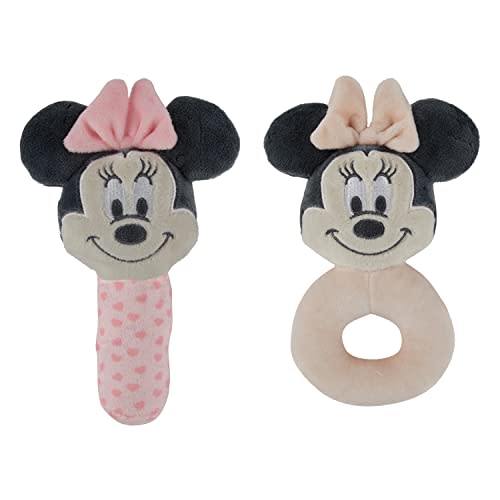 Disney Minnie Mouse Assorted Plush Lovie Rattle Set Pack of 2 - Soft and Cuddly Plush Material, Built-in Rattle for Sensory Stimulation,Vibrant Colors and Intricate Details