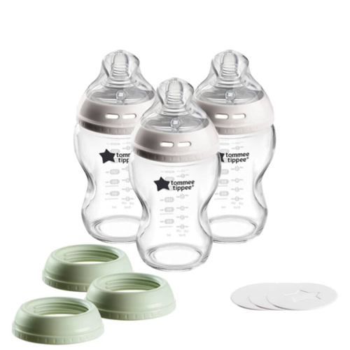 Tommee Tippee Natural Start Glass Baby Bottle, Cup or Jar Set, 9oz, 3-in-1 Set for Babies with Slow Flow Breast-Like Nipple for a Natural Latch and Leak-Proof Travel Food Jar Lids