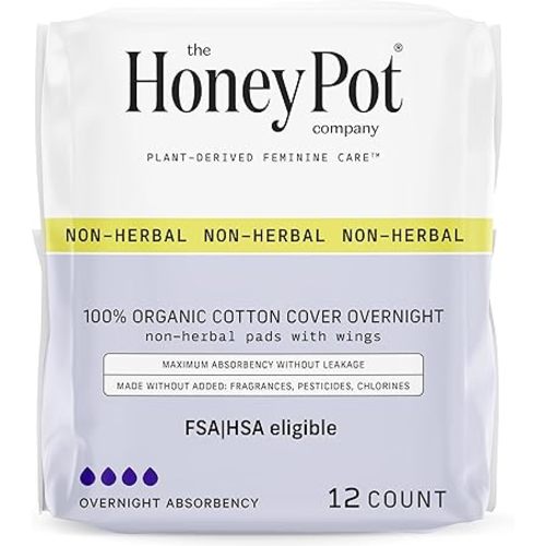 The Honey Pot Company - Pads for Women - Non-Herbal Overnight Pads w/Wings - Organic Cotton Cover, & Ultra-Absorbent Pulp Core - Sanitary Pads for Women - Feminine Care - FSA & HSA Eligible - 12 ct