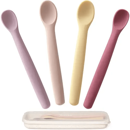 Moonkie Silicone Baby Spoons Set of 4, Two Sizes Feeding Spoon for First Stage 4+ Months, Baby Utensils with Case, Toddler Led Weaning Spoons, Bendable, Chewproof & Boil-proof