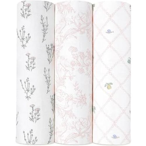 aden + anais Silky Soft Swaddle Blanket, Boutique Muslin Blankets for Girls & Boys, Baby Receiving Swaddles, Ideal Newborn & Infant Swaddling Set, Perfect Shower Gifts, 3 Pack, French Floral