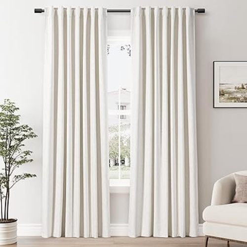 100% Cream Beige Blackout Linen Curtains 84 inches Long 2 Panels for Living Room Back Tab Rod Pocket Soild Thermal Insulated Natural Beige Room Darkening Decorative Window Drapes for Bedroom