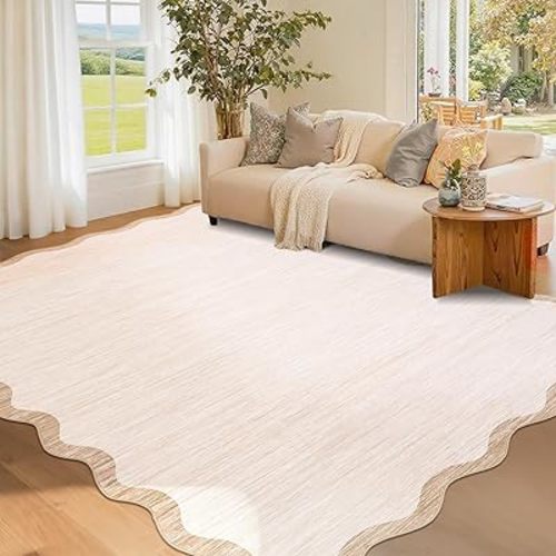 GarveeHome Scalloped Washable Rugs 5x7 Rug for Living Room Modern Non Slip Large Area Rug for Bedroom Decor Farmhouse Low Pile Stain Resistant Carpet for Office Dining Room Classroom 5 ft x7 ft Beige