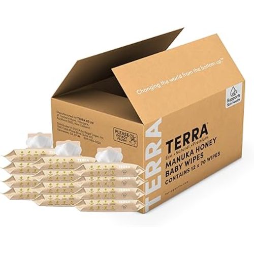Terra Bamboo Baby Wipes: Manuka Honey, 99.5% Pure New Zealand Water, 100% Biodegradable Bamboo Fiber, 0% Plastic, Unscented Baby Wipes for Sensitive Skin, 12 Packs of 70 Wipes