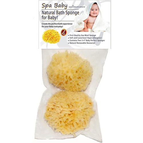 Spa Baby Absorbent Natural Bath Sponge Spa Destinations. Ultra Soft Premium Sea Wool Sponge, Biodegradable, Bath Accessories Baby and Kids, Infant Bath. Two (2) Pack 3-4 inch for Moms