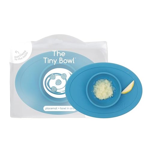 ezpz Tiny Bowl (Blue) - 6 Months+ - 100% Silicone Suction Placemat + Bowl for Infants - Fits All Highchair Trays - Baby-Led Weaning Supplies