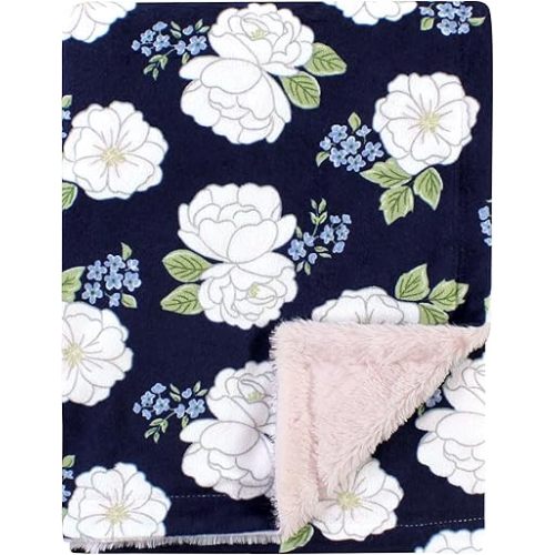 Hudson Baby Unisex Baby Plush Blanket with Furry Binding and Back, White Peonies, One Size