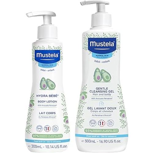 Mustela Baby Bath Time Gift Set - Baby Skin Care Essentials with Natural Avocado - Contains Hydra Bebe Body Lotion 10.14 fl. oz. & Gentle Cleansing Gel 16.9 fl. oz. - 2 Items Set