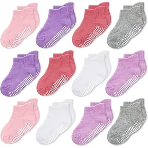 CozyWay Baby & Toddler Socks with Grippers Non Slip Ankle Grip Socks For Boys and Girls - Comfy Soft Cotton - 12 Pack