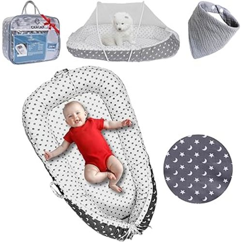 Baby Lounger for 0-24 Months Baby Girl and Baby Boy with Mosquito Net and Baby Bib I 100% Cotton Breathable & Soft Baby Nest I Reversible Design, Portable Infant Lounger I Newborn Baby Essential Gifts