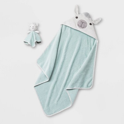 Cloud Island Baby Lama Bath Towel and Washcloth Set - White/Green, One Size