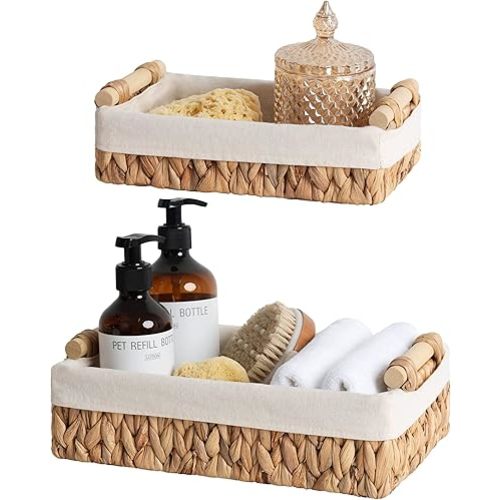 StorageWorks Small Baskets for Organizing, Wicker Bathroom Basket for Toilet Tank Top with Liner, Natural Water Hyacinth, Set of 2