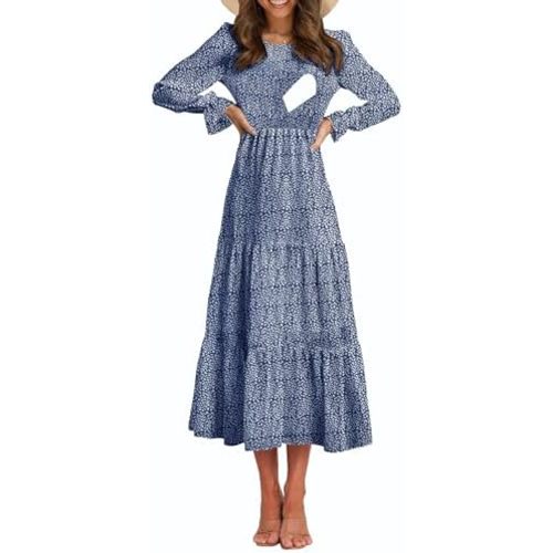 Women's Nursing Dress Flounces Long Sleeve Crew Neck Smocked Bodice Ruched Elastic Waist Tiered Midi with Pockets