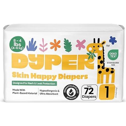 DYPER - Pack of 2 Baby Diapers Size 1 (72 Count) - Leak Proof, Plant Based, Hypoallergenic & Ultra Absorbent Disposable Diaper for Day & Overnight, Skin-Friendly Comfort Size 1 Diapers (8-14 lbs)