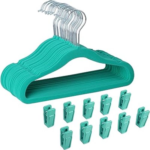 Finnhomy Non-Slip Clothes Hangers for Baby and Kids 30-Pack Velvet Hangers with 10 Finger Clips, Teal