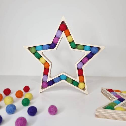 Rainbow star | wool felt ball | pom pom star | wooden star | sustainable | wood anniversary | wool anniversary |