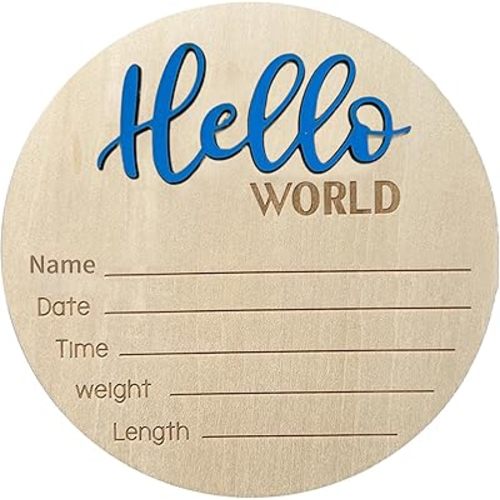 Baby Announcement Sign - 5.9 Inch Wooden Hello World Newborn Welcome Plaque, Birth Announcement for Hospital, Newborn Name Sign for Photo Props Baby Shower Nursery (Blue)