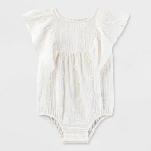Baby Girls' Daisy Embroidered Bubble Romper - Cat & Jack™ Cream 0-3m