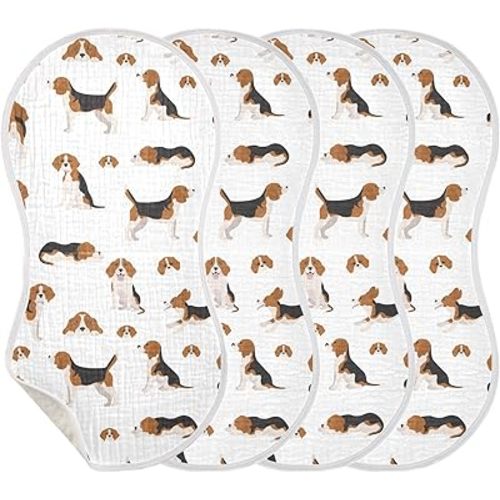 Muslin Burp Cloths for Baby Boys and Girls - 4-Pack Ultra Absorbent Beagle Dog Muslin Washcloths, Newborn Towel, Milk Spit Up Rags, Burp Cloth Bib for Unisex, 22 x 11 Inch
