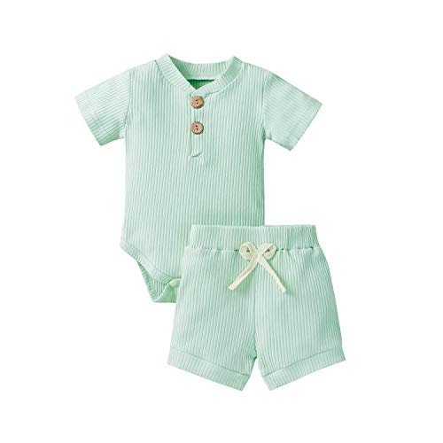 Ledy Champswiin Summer Newborn Baby Boy Girl Clothes Set Ribbed Outfits Unisex Infant Solid Short Sleeve Tops Shorts 2PCS