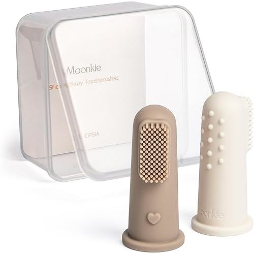 Moonkie Baby Toothbrush Finger Toothbrush Oral Cleaner Kit for 3 Months +, 2 Pcs Small (Warm Taupe/Ivory)