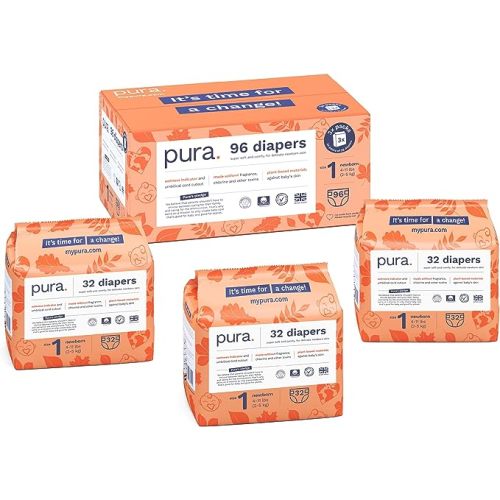 Pura Size 1 Eco-Friendly Diapers (4-11lbs) Totally Chlorine Free (TCF), Hypoallergenic, Soft Organic Cotton Comfort, Sustainable, Wetness Indicator, Allergy UK, 3 Packs of 32 (96 Baby Diapers) - Size 1 (96 Diapers)