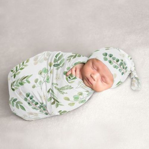 Sweet Jojo Designs Gender Neutral Baby Cocoon And Beanie Hat Swaddle Wrap Botanical Leaf Green And White 2pc