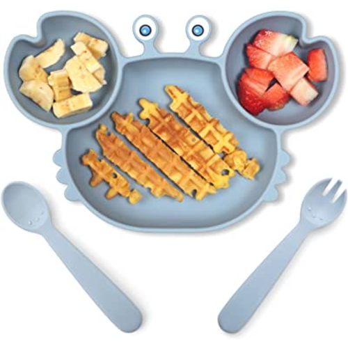ROCCED Suction Plates for Baby, Silicone Plates with Suction Divided, Baby Spoon Fork Set for Toddler Baby Dishes Kids Plates and Utensils-Crab Dusty Blue