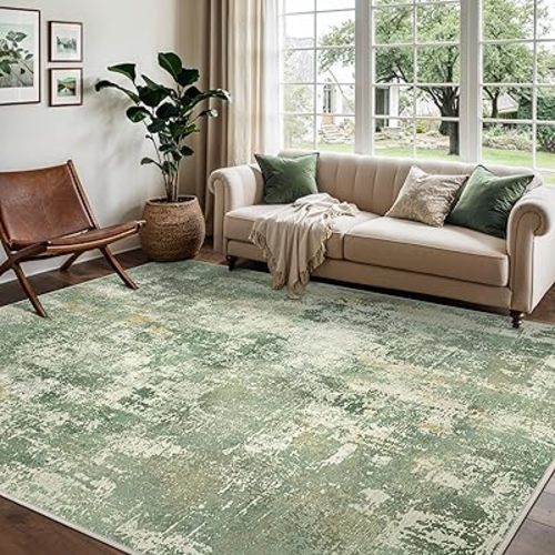 GENIMO Abstract Modern Rug 8x10, Washable Area Rug with Non Slip Backing, Low Pile Lightweight Rugs for Living Room, Bedroom and Dining Room, Large Carpet, Olive Green