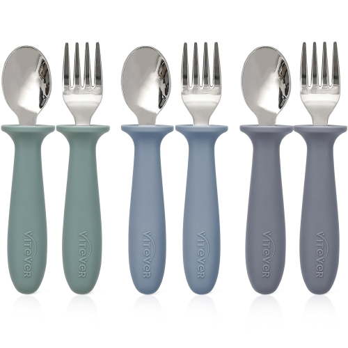 6 Pieces Toddler Utensils, Kids Safe Spoons and Forks, Children Silverware Set with Silicone Handle, 18/8 Stainless Steel, Food-grade Silicone,BPA Free - Dishwasher Safe