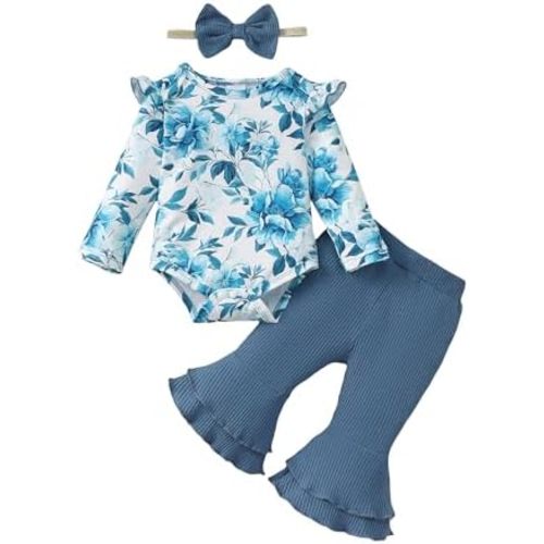 SUNNY PIGGY Baby Girl Clothes Ruffle Short Sleeve Romper Long Pants Set with Headband Newborn Infant Outfits