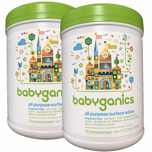 Babyganics All Purpose Surface Wipes, Fragrance Free, 300 Count (Contains Two 75-Count canisters)