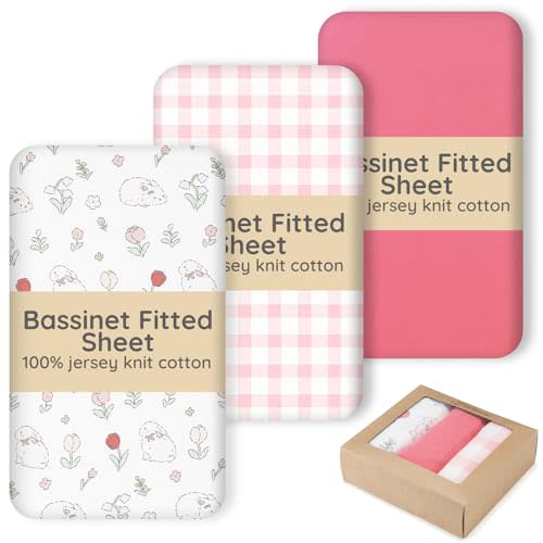 100% Jersey Cotton Bedside Bassinet Sheets 20"x33" Fits Baby Delight, Fodoss, Dream On Me Skylar and Most Rectangle Bedside Sleeper, Super Soft Breathable Fitted Sheets, 3 Pack, Pink