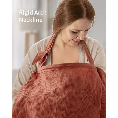 Blissful Diary Muslin Nursing Cover for Breastfeeding, Breathable Breastfeeding Cover up with Arch Neckline for Women, Nursing Apron (Brick Red)